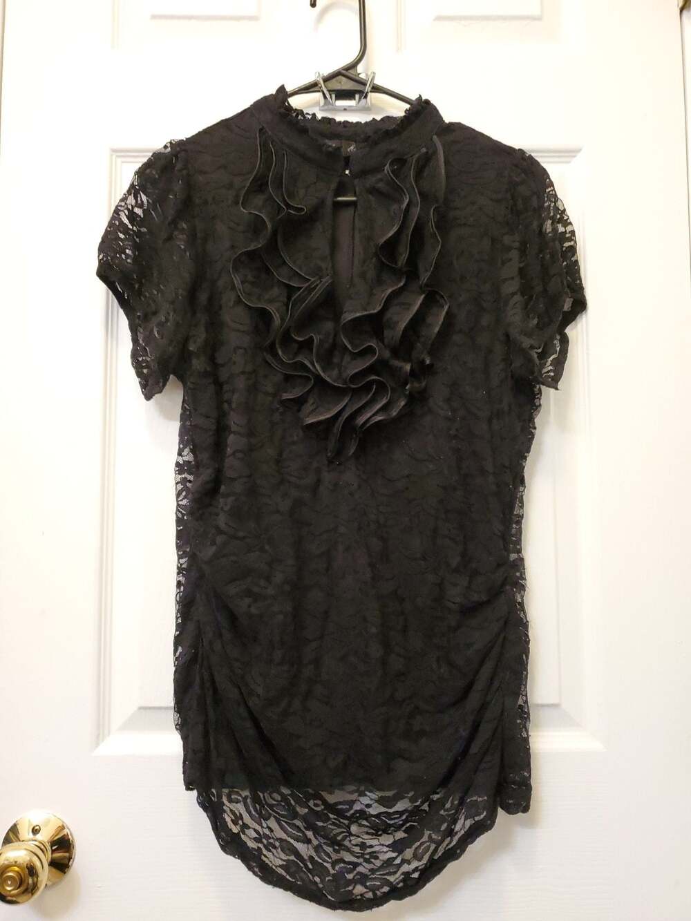 Y2K Vintage Heart Soul Black Lace Ruffle Blouse Plus Size 1X Mock Neck Keyhole